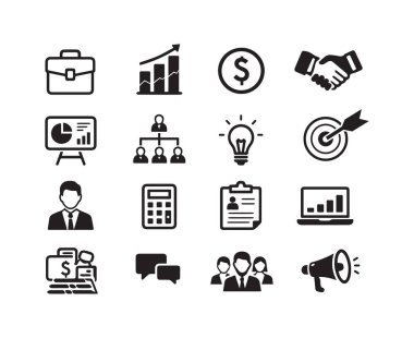 İş, bankacılık, sigorta ve yatırım için siyah beyaz simge setleri