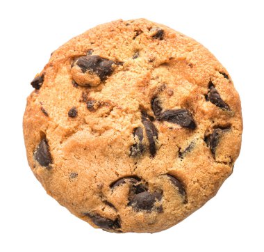 Beyaz arka planda izole edilmiş tek çikolatalı kurabiye. Üst görünüm.