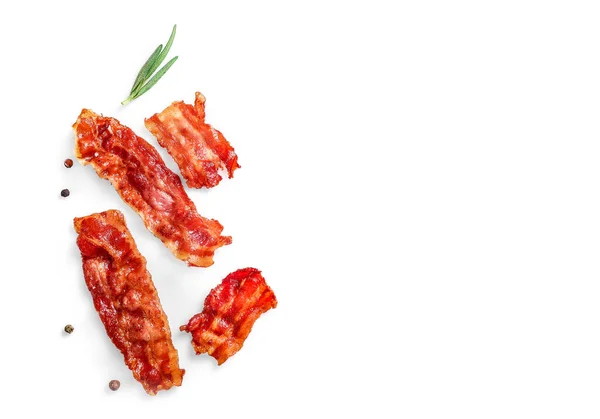 Fette Pancetta Croccante Fritte Singole Rametto Rosmarino Isolato Sfondo Bianco — Foto Stock