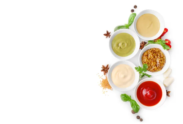 Set Sauces Small Bowls Isolated White Background Top View Copy — Stock Photo, Image