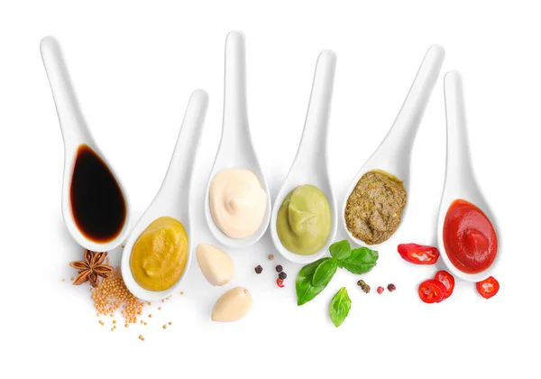 Set Sauces Spoons Isolated White Background Top View — Stock Photo, Image