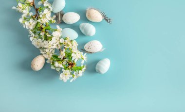 Pastel renkli Paskalya yumurtaları ve mavi arka planda çiçek açan dallar. Üst görünüm.