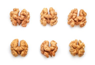 Beyaz arka planda izole edilmiş ceviz çekirdekleri. Üst görünüm.