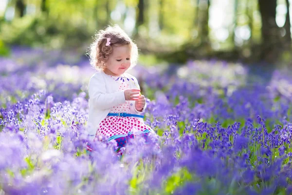 Klein meisje spelen in Bluebell bloemen veld — Stockfoto