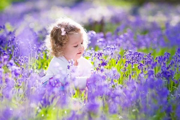 Klein meisje spelen in Bluebell bloemen veld — Stockfoto