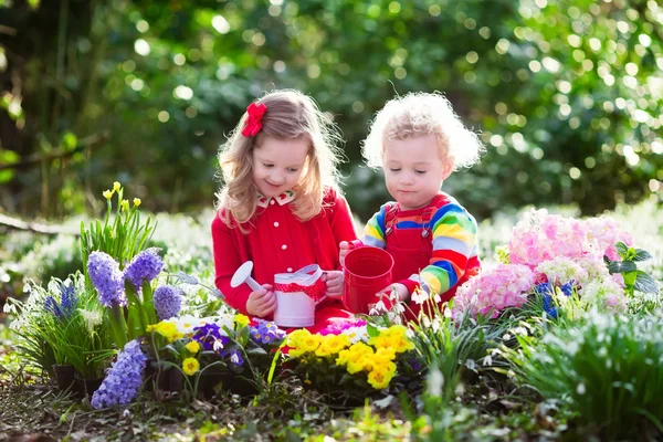 Bambini piantare fiori in giardino fiorito — Foto Stock