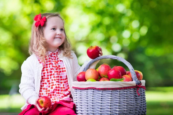 Κοριτσάκι με τα μήλα επιλογής σε οπωρώνα φρούτων — Φωτογραφία Αρχείου