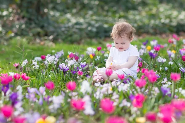 Bautiful grappig baby meisje spelen in een veld van bloemen — Stockfoto