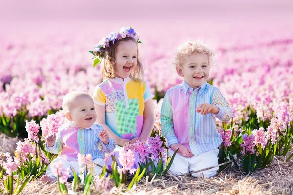 Troje dzieci bawią się w pięknym Hiacynt kwiat pola. — Zdjęcie stockowe