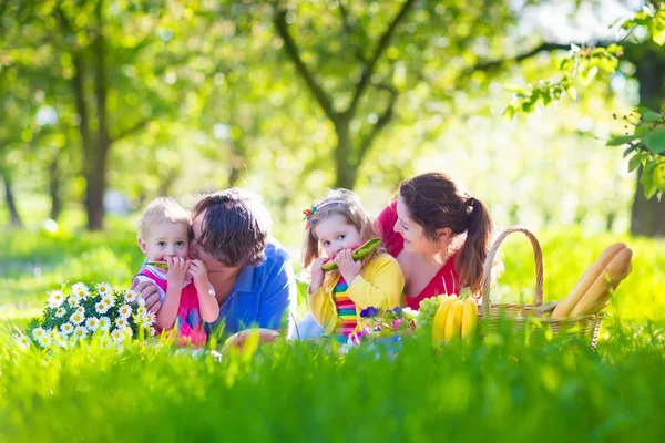 Jeune famille avec des enfants pique-niquer à l'extérieur — Photo