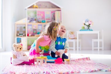 Kids playing with stuffed animals and doll house clipart