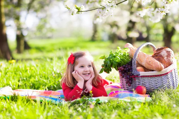 Niño teniendo picnic en el jardín floreciente — Foto de Stock