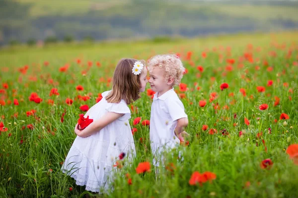 Kinderen spelen in rode klaproos bloem veld — Stockfoto