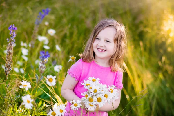 Little girl in daisy flower field — Stock Photo, Image