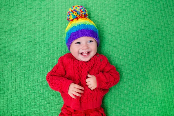 Little baby in warm knitted hat — Stock Photo, Image
