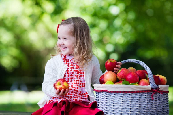 Elma sepeti ile küçük kız — Stok fotoğraf