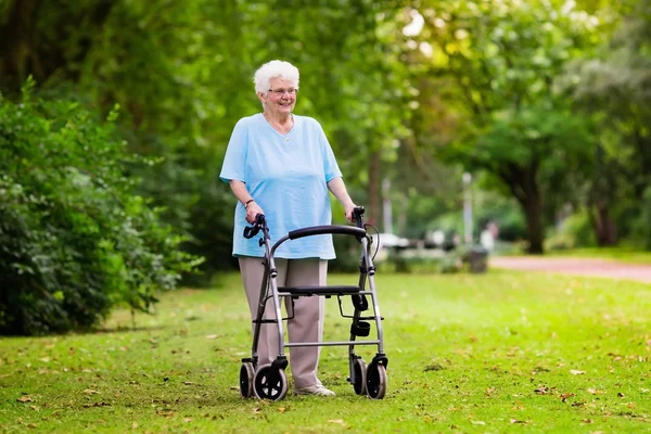 Senior senhora com um caminhante — Fotografia de Stock