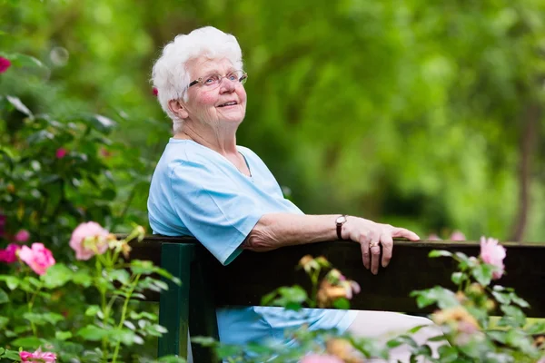 Senior Lady i rosenträdgård — Stockfoto