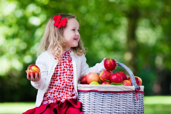 Μικρό κορίτσι με καλάθι μήλο — Φωτογραφία Αρχείου