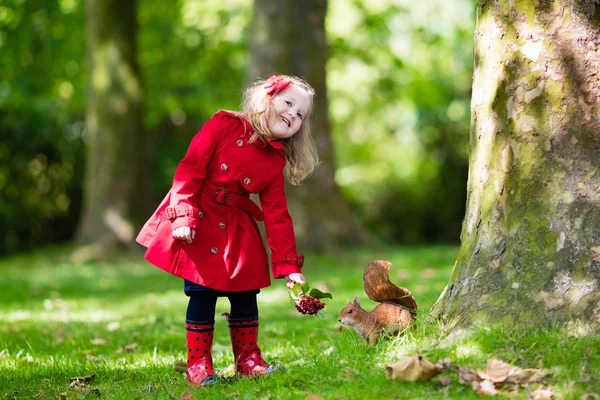 Little girl feeding squirrel — Stock Photo, Image