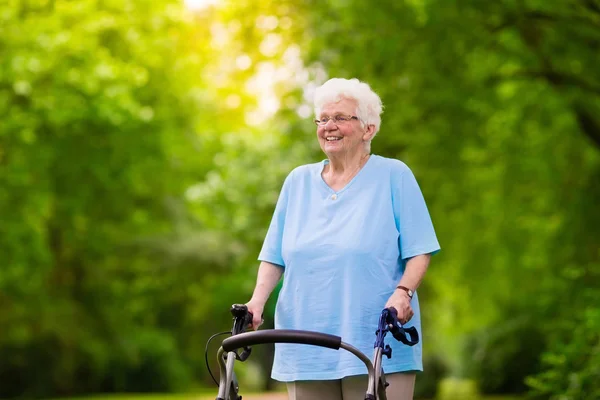 Senior Lady met een wandelaar — Stockfoto