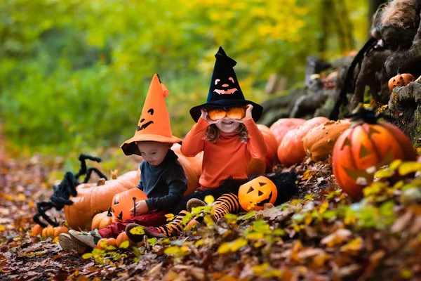 Barn med pumpor på Halloween — Stockfoto