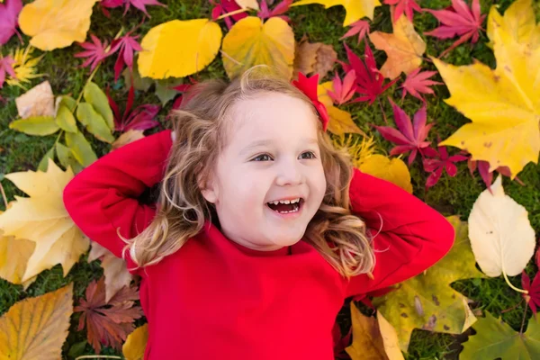 Klein meisje spelen in herfst park — Stockfoto
