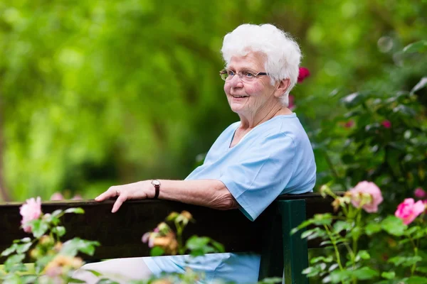 Señora mayor en jardín de rosas — Foto de Stock