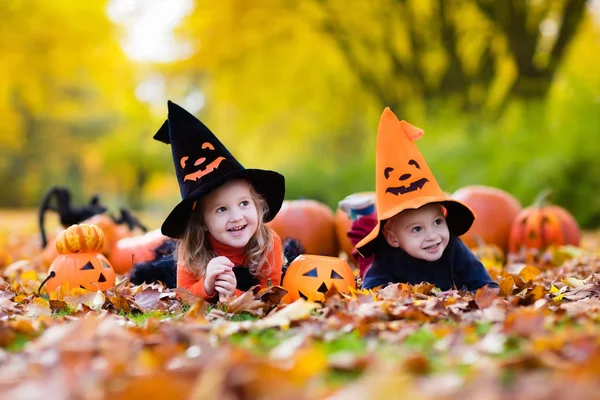 Niños con calabazas en Halloween — Foto de Stock