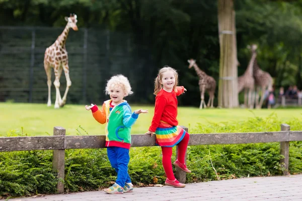 Crianças assistindo girafa no zoológico — Fotografia de Stock