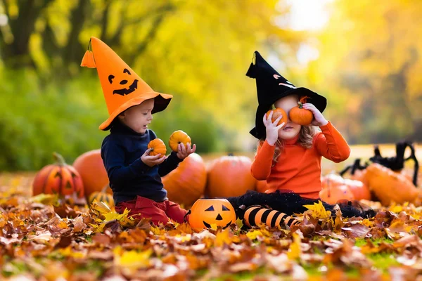 Niños con calabazas en Halloween — Foto de Stock