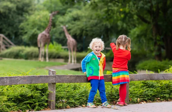 Crianças assistindo girafa no zoológico — Fotografia de Stock