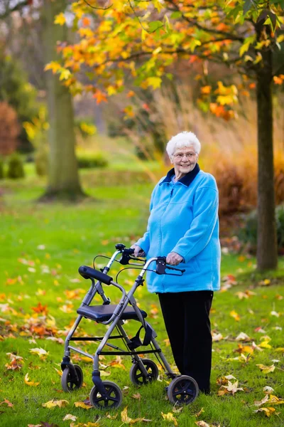 Äldre dam med en rullator i höst park — Stockfoto