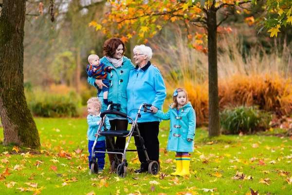 Senior dam med rullator njuter familj besök — Stockfoto