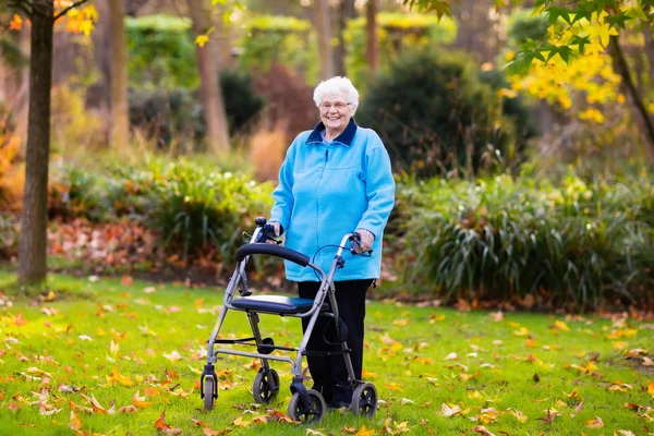 Senior senhora com um caminhante no parque de outono — Fotografia de Stock