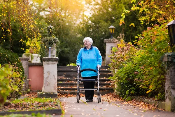 Senior senhora com um caminhante no parque de outono — Fotografia de Stock