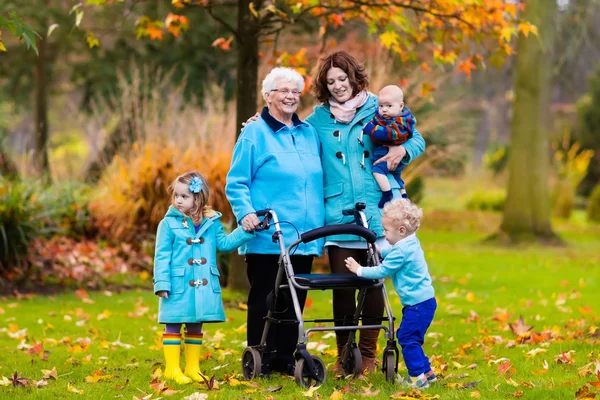 Senior dam med rullator njuter familj besök — Stockfoto