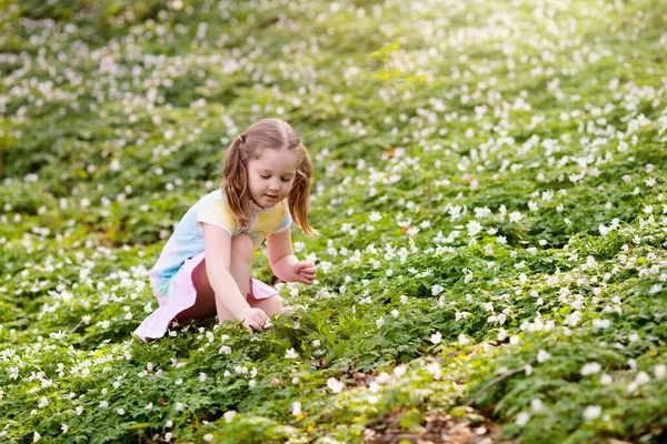 Niño Caza Del Huevo Pascua Jardín Floreciente Con Flores Primavera — Foto de Stock