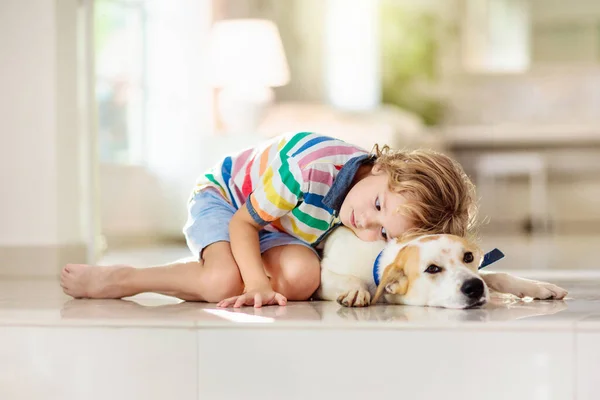 Niño Jugando Con Perro Bebé Los Niños Juegan Con Cachorro — Foto de Stock