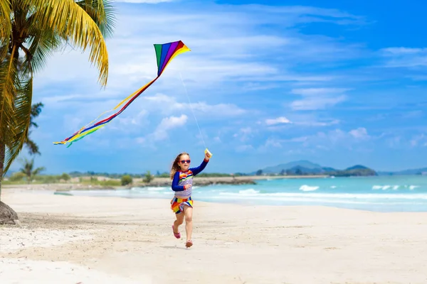 Child Running Colorful Kite Tropical Beach Kid Flying Rainbow Kite — Stock Photo, Image