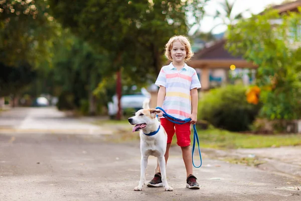귀여운 강아지갖고 동물을 가지고 뛰어다니는 아이들은 교외의 거리에서 있습니다 친구들 — 스톡 사진