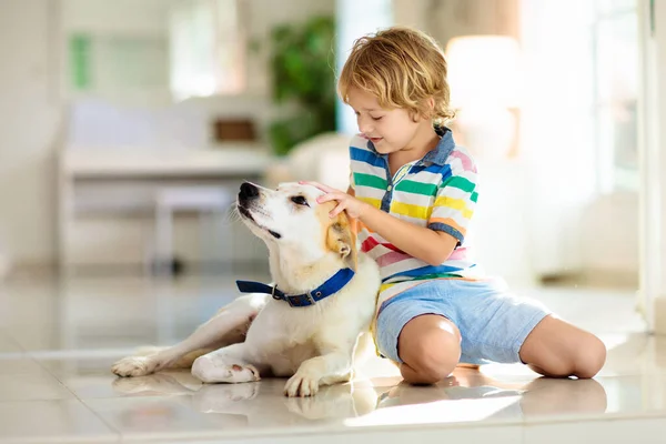 Niño Jugando Con Perro Bebé Los Niños Juegan Con Cachorro — Foto de Stock