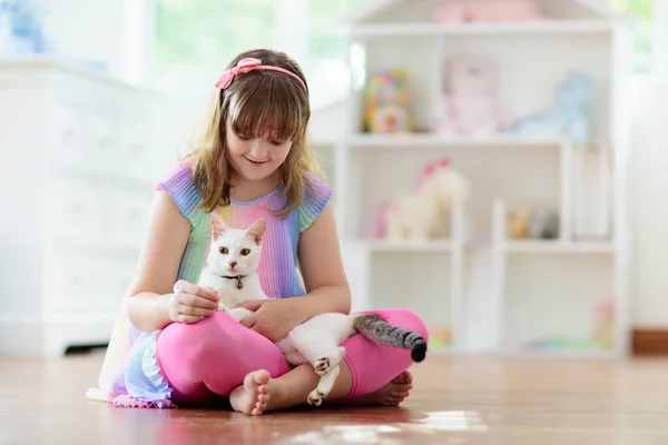 Gyerek Macskával Játszik Otthon Gyerekek Háziállatok Kislány Etetés Simogatás Aranyos — Stock Fotó