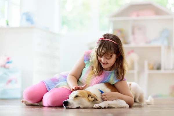 Çocuk Yavru Köpekle Oynuyor Çocuklar Köpek Yavrusuyla Oynar Küçük Kız — Stok fotoğraf