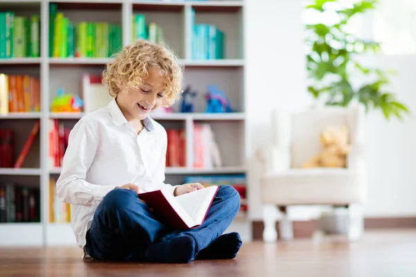 Child Reading Book Kids Read Little Boy Colorful Bookshelf Doing — Stock Photo, Image