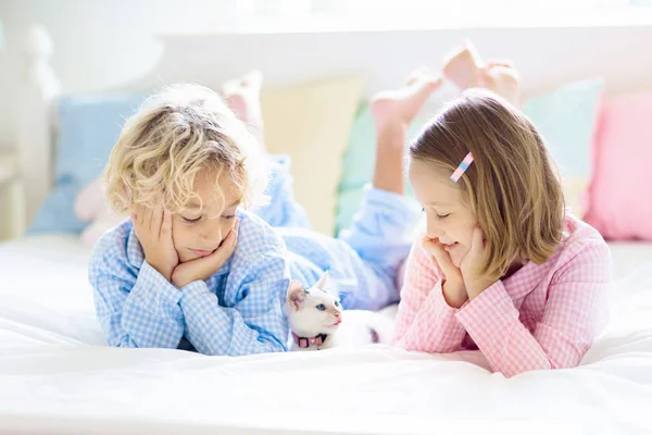 Barn Leker Med Katten Sängen Vitt Sovrum Grabben Håller Vit — Stockfoto