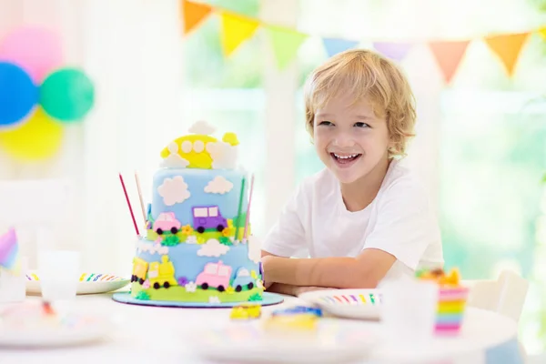 Kids Birthday Party Boy Cake Car Airplane Child Blowing Out — Stock Photo, Image