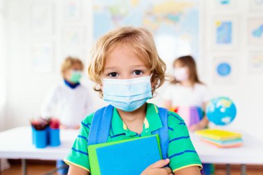 Corona virüsü ve grip salgını sırasında yüz maskesi takan okul çocuğu. Erkek ve kız covid-19 karantina ve tecritten sonra okula geri dönüyorlar. Koronavirüsü önlemek için maskeli bir grup çocuk.. 