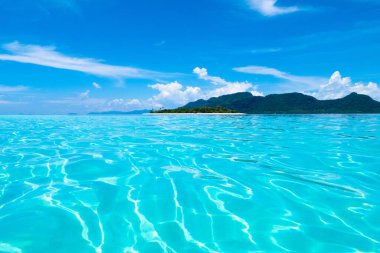 Hindistan cevizi palmiyeli tropik bir ada. Kumsal ve deniz eğlencesi. Güzel kıyı şeridinin manzarası. Okyanus tatili. Cennette yaz. Asya 'ya git. Temiz su ve beyaz kum. Rüya gibi bir tatil yeri.