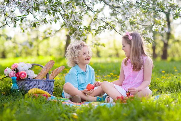 Familjepicknick Vårparken Med Blommande Körsbärsträd Barn Äter Frukt Och Bröd — Stockfoto